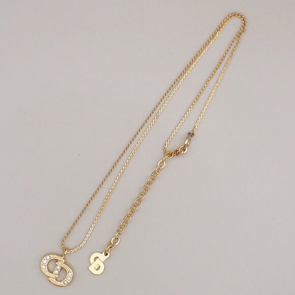 CHRISTIAN DIOR CD Logo Rhinestone Pendant Necklace Gold - Picture 3 of 8